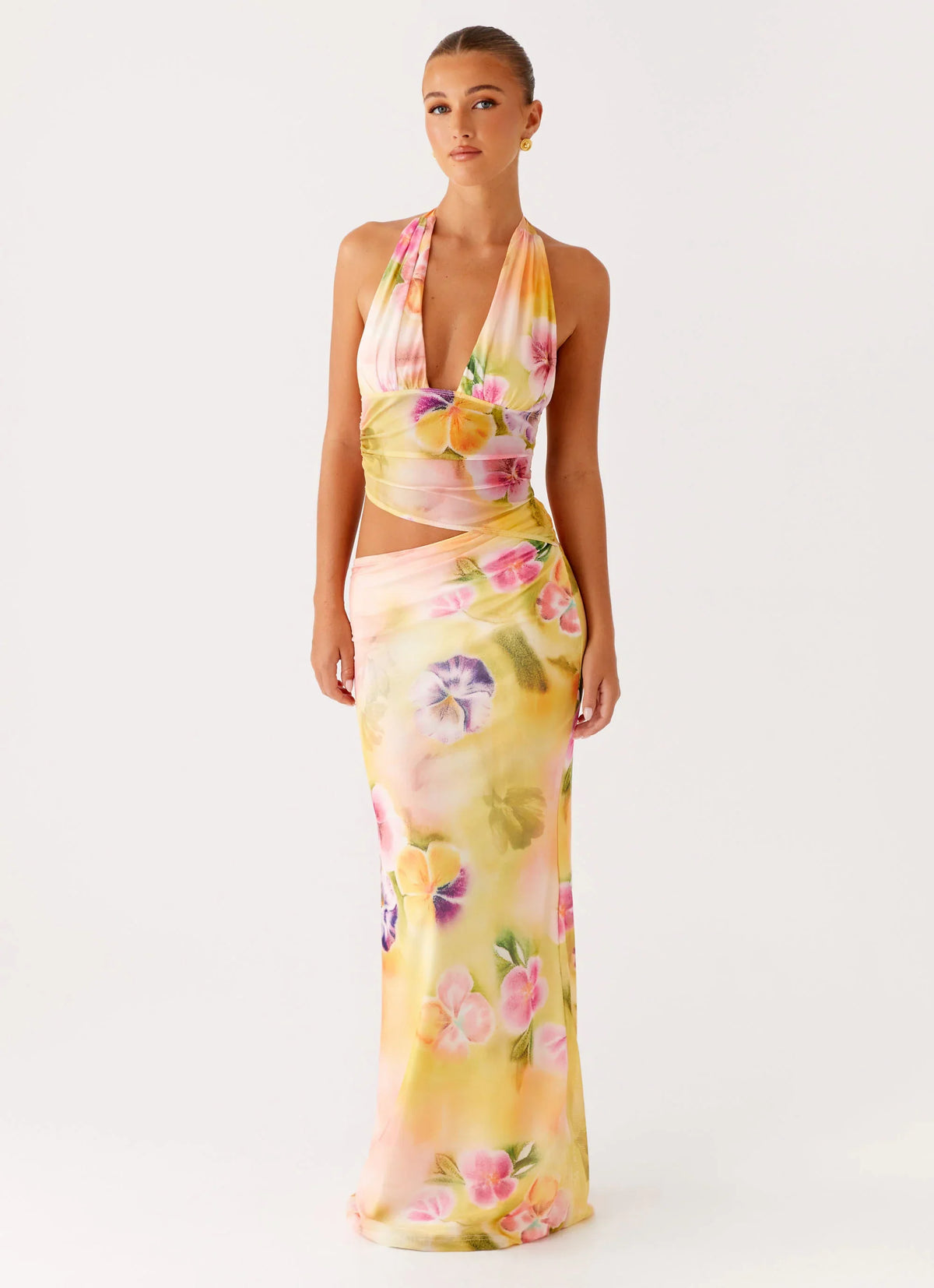 Main Act Halter Maxi Dress Sunburst Floral