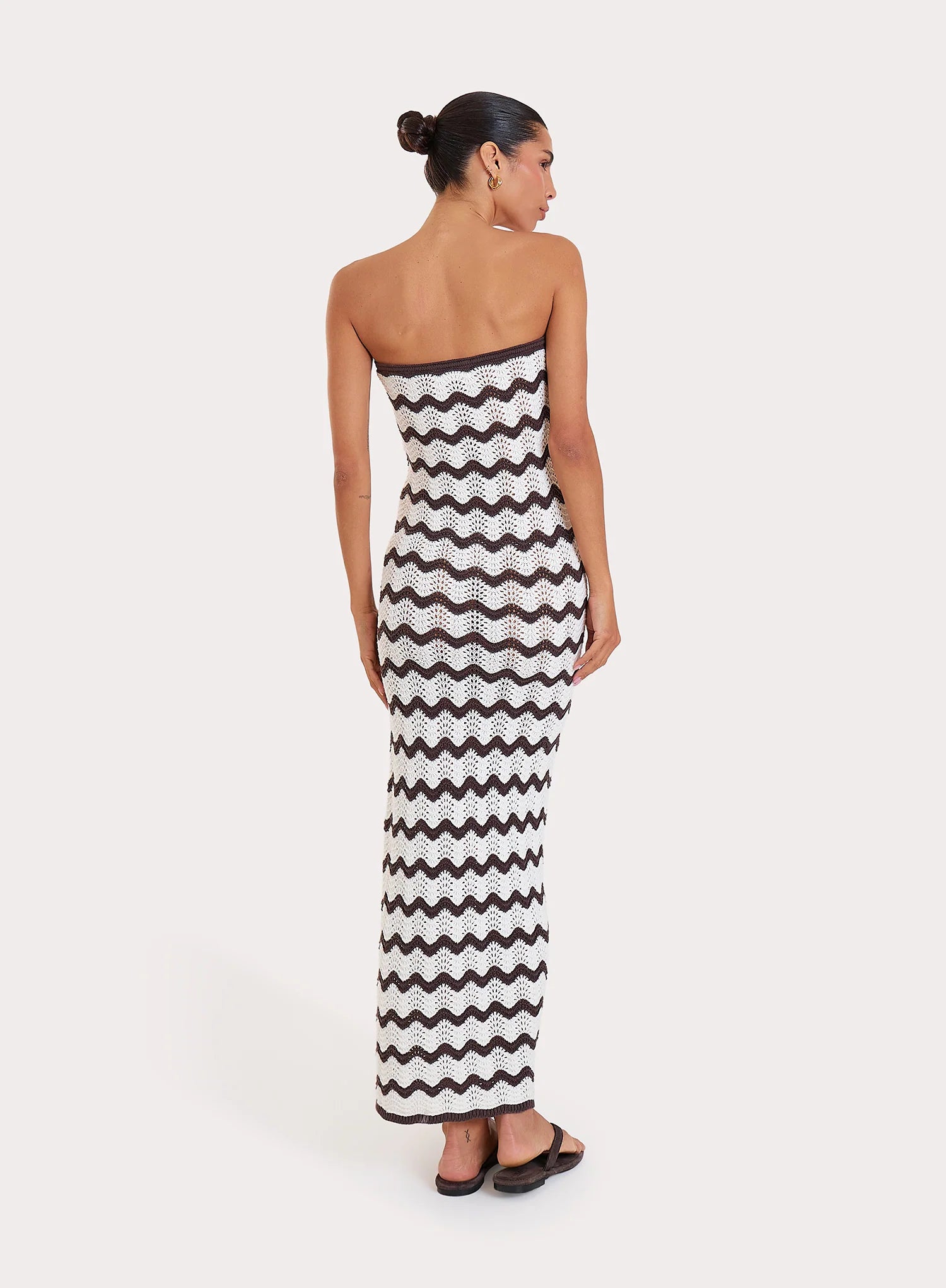 Chocolate And Cream Chevron Print Knitted Bandeau Maxi Dress