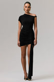Marci Black Asymmetric Ruched Mini Dress With Sash