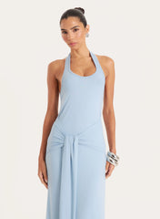 Blue Halterneck Belt Detail Maxi Dress