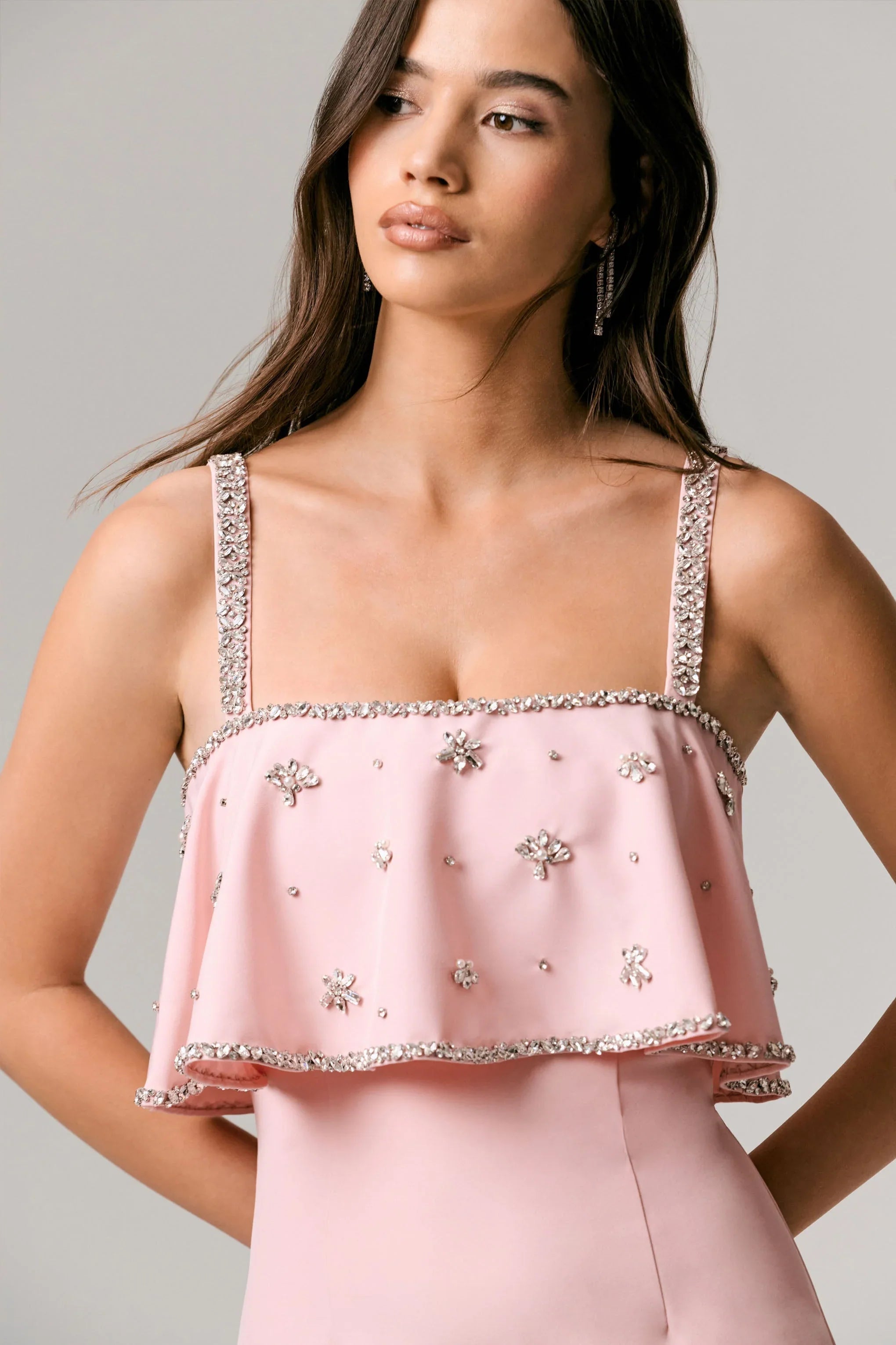 Scarlet Pale Pink Square Neck Embellished Maxi Dress