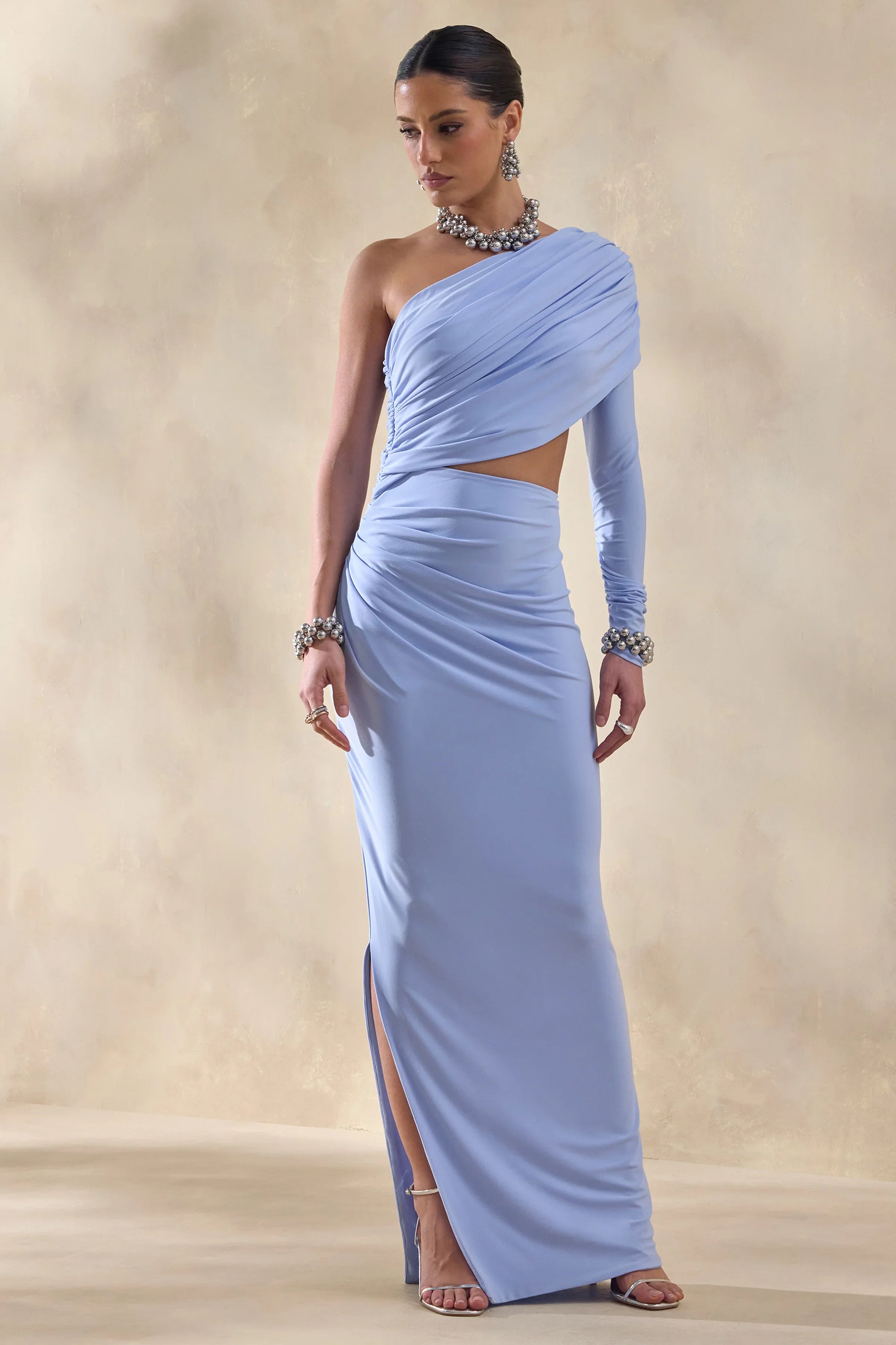 Malika Powder Blue Asymmetric Neck Maxi Dress With Body Cut Out And Gathered Detailing