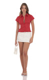 PinStripe Button Up Ruffle Top in Red