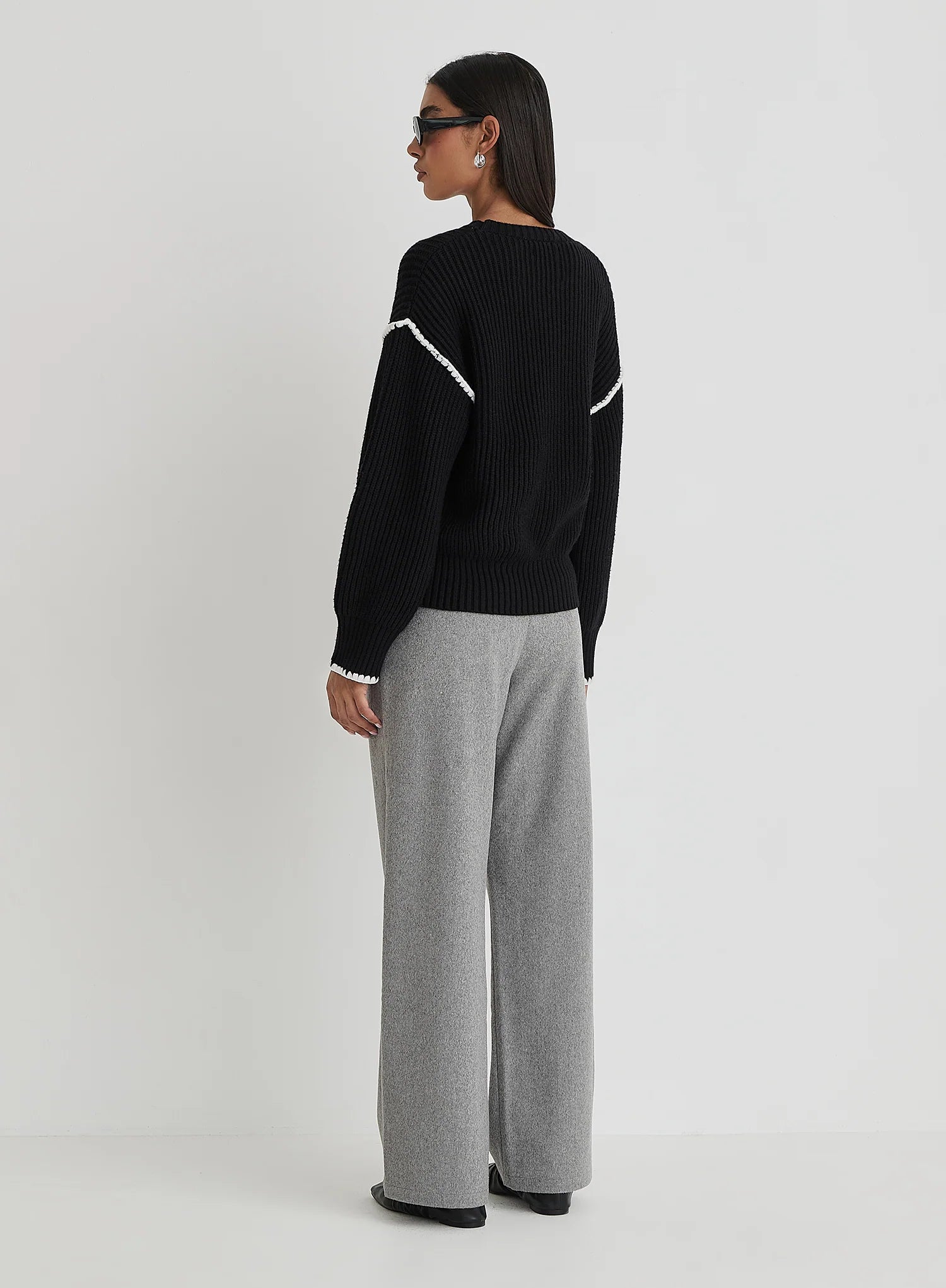Black Contrast Stitching Knit Jumper