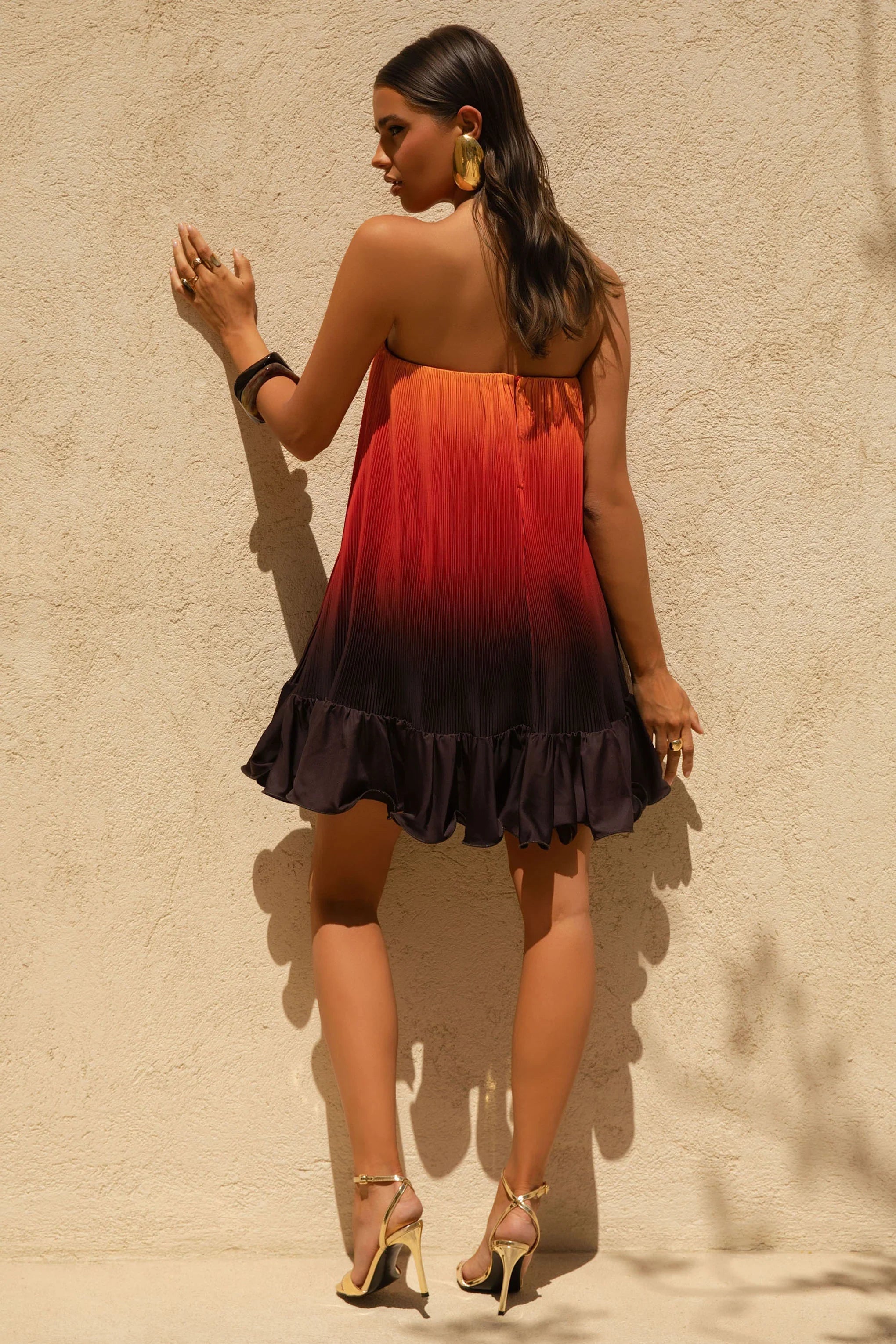 Tropical Orange Ombre Satin Mini Dress With Ruffle Hem