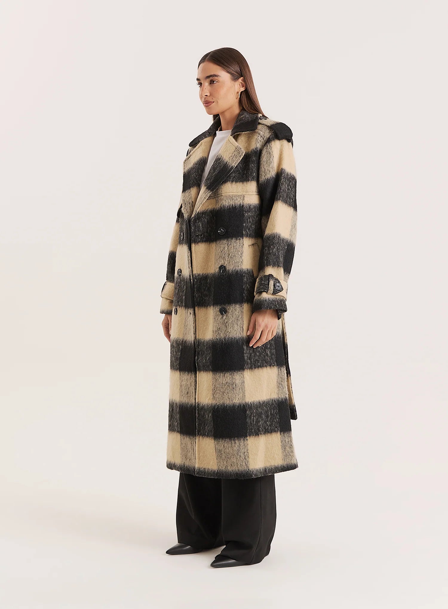 Black Beige Check Longline Belted Trench Coat