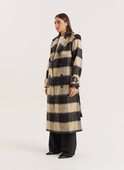 Black Beige Check Longline Belted Trench Coat