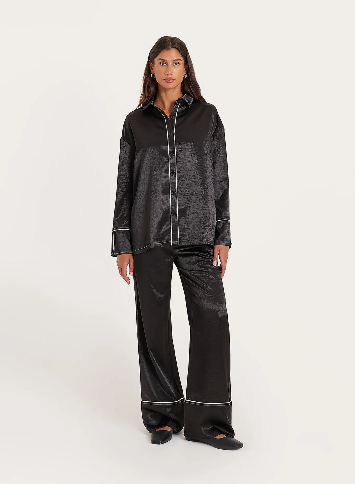 Black Satin Contrast Piping Trousers
