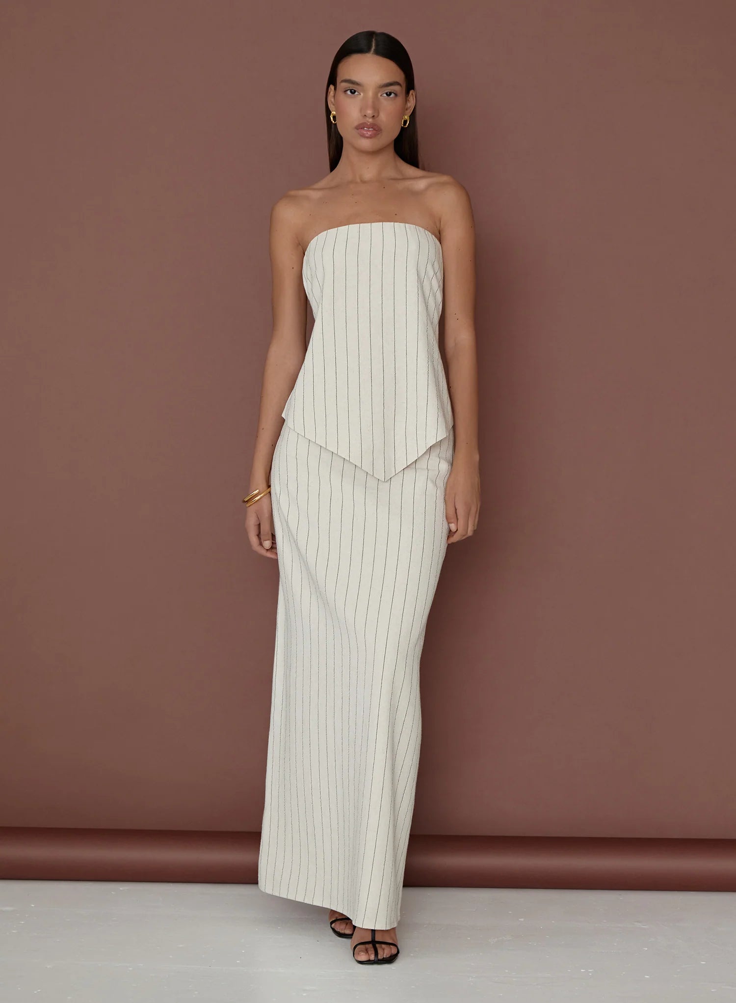 Beige Striped Linen Maxi Skirt