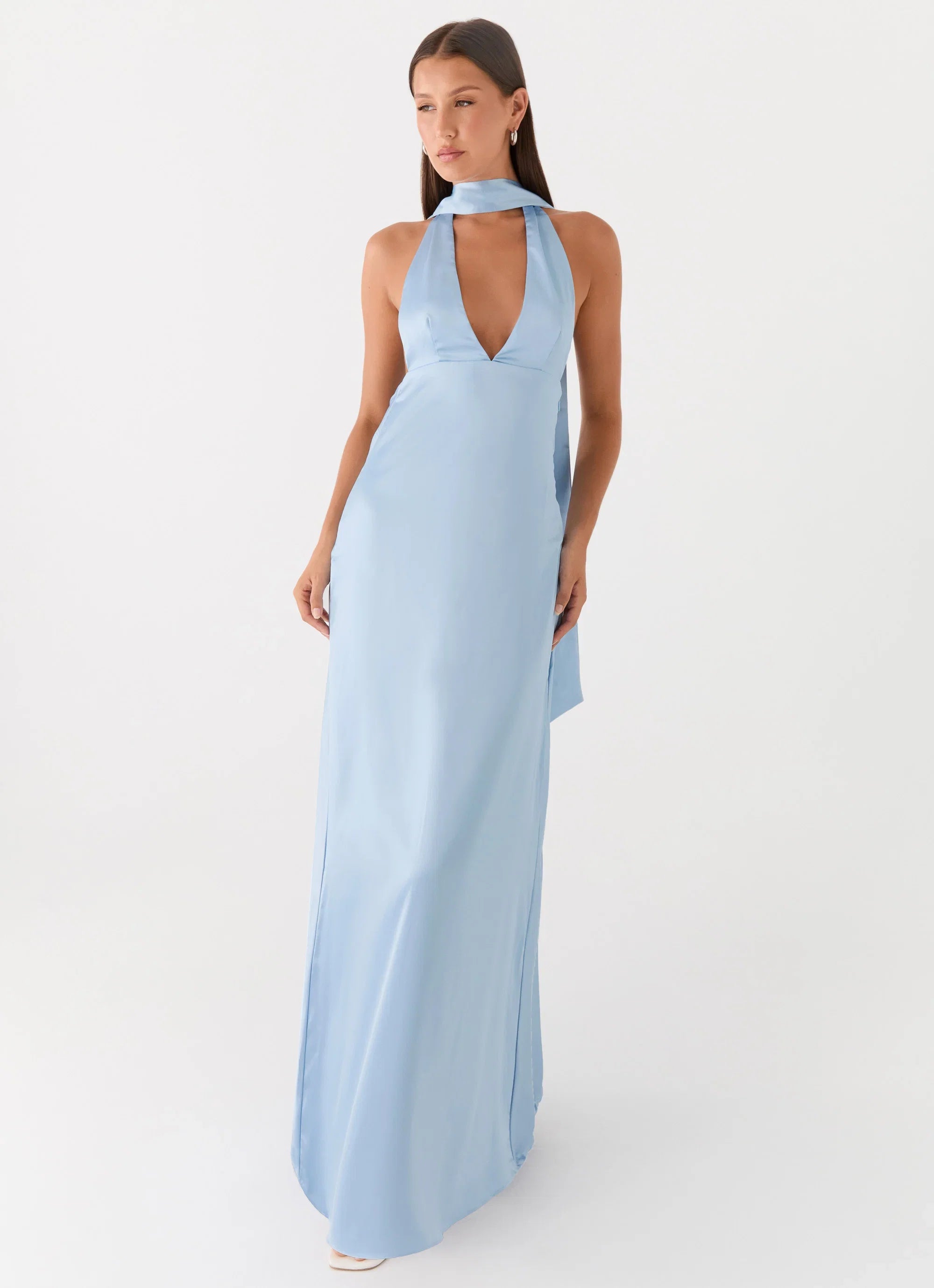 Alicia Satin Halter Maxi Dress Baby Blue