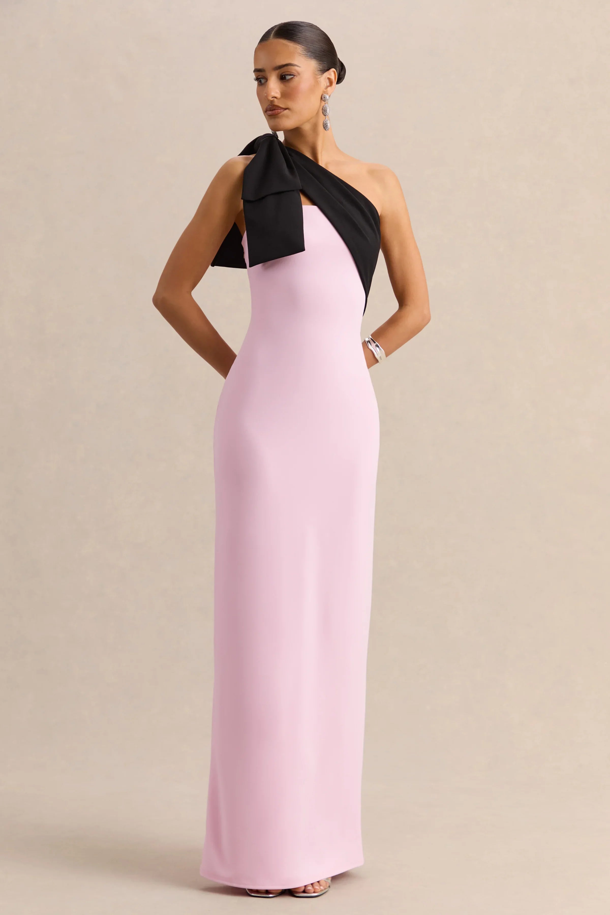 Adara Pink Black Asymmetric Neck Maxi Dress With Bow Detail