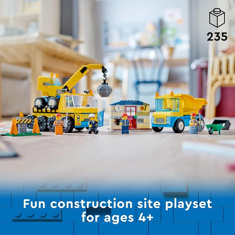 LEGO City Construction Trucks and Wrecking Ball Crane 60391 Building Toy Set for Toddler Kids Ages 4 Includes 3 Construction Vehicles an Abandoned House and 3 Minifigures for Pretend Play