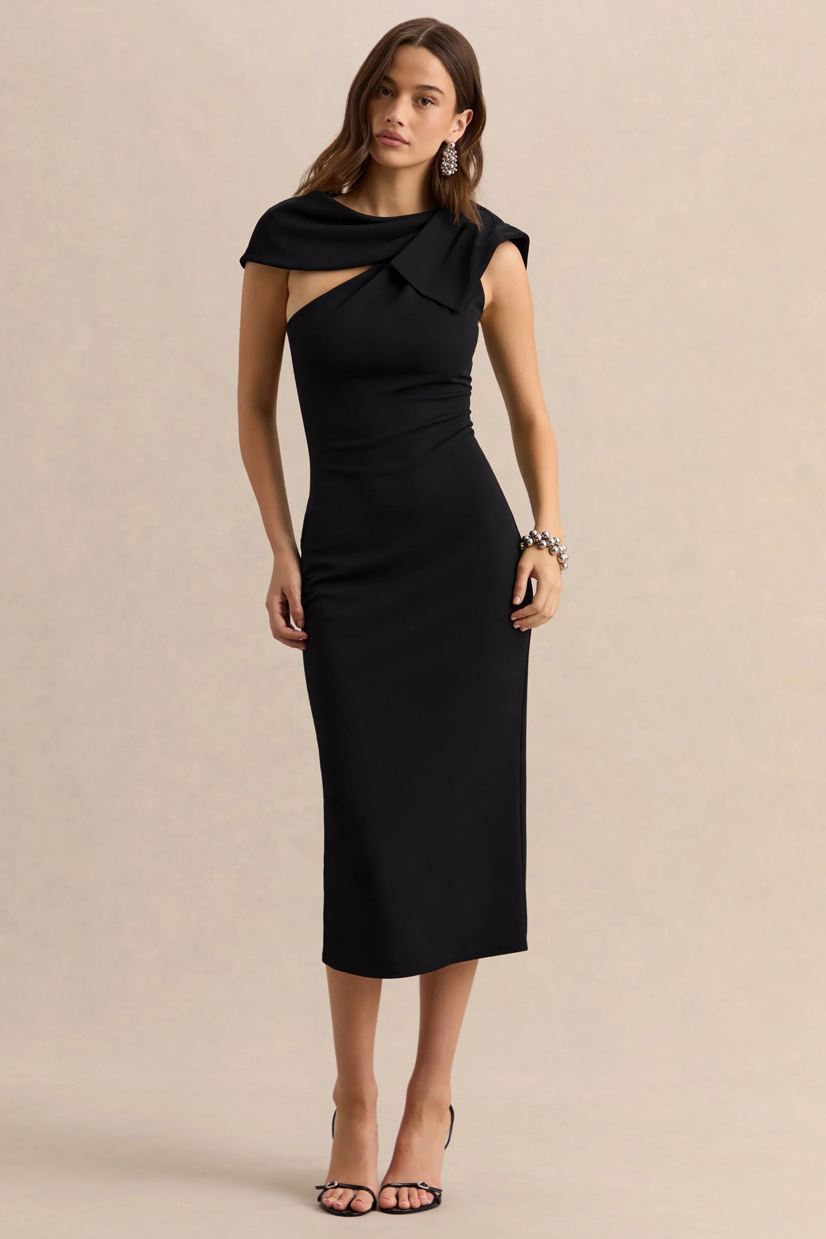 Clarina Black Asymmetric Neck Midi Dress With Bow Detail