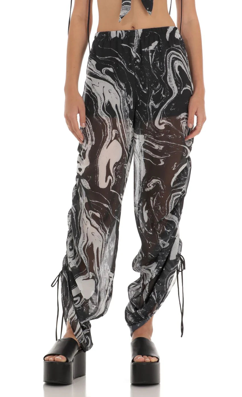 Ruched Pant Set in Black Swirl