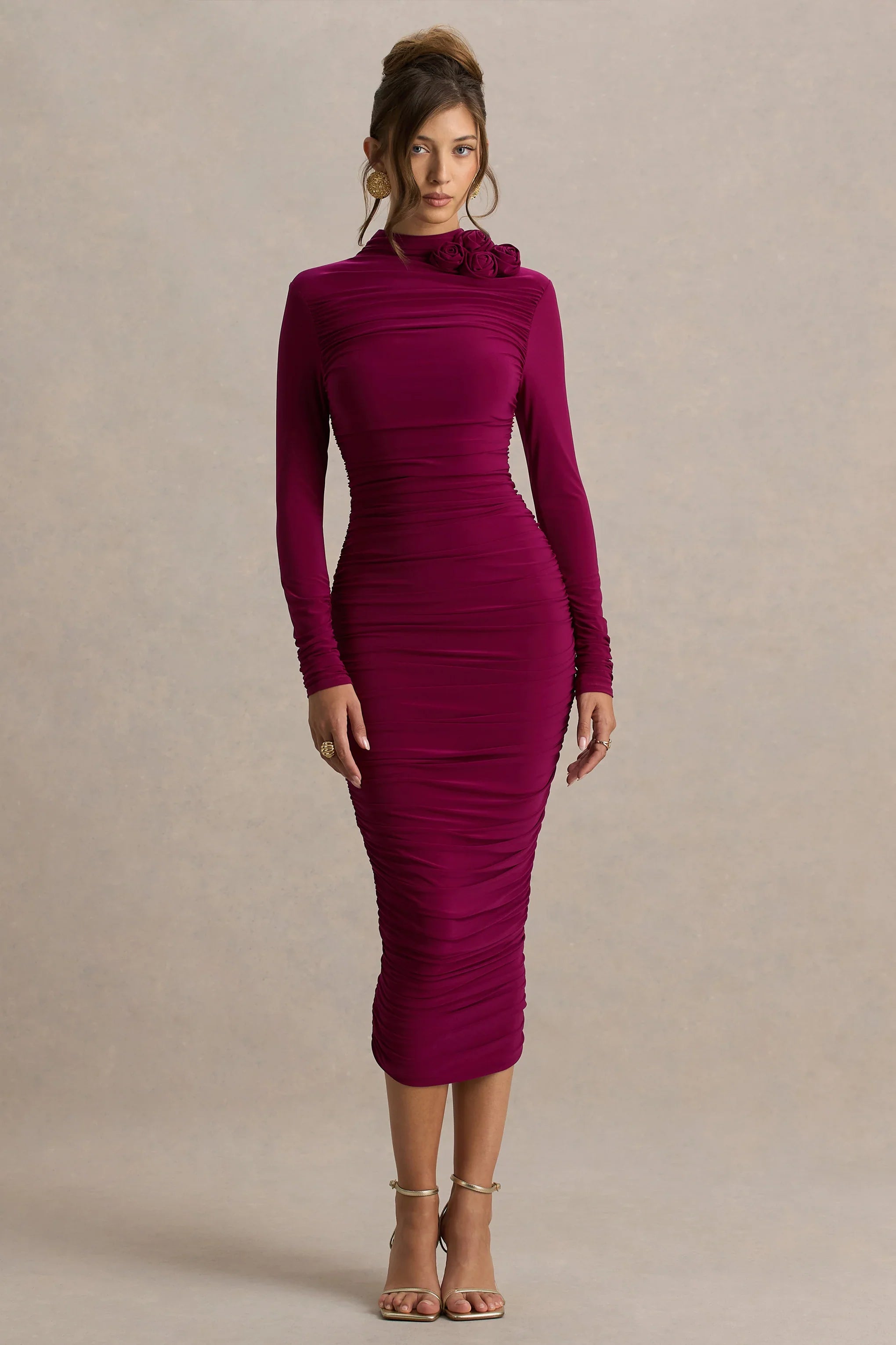 Tamara Burgundy Long Sleeve Ruched Midi Dress