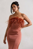 One And Only Rust Satin Feather Trim Bandeau Midi Dress