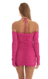 Cold Shoulder Ruched Dress in Hot Pink