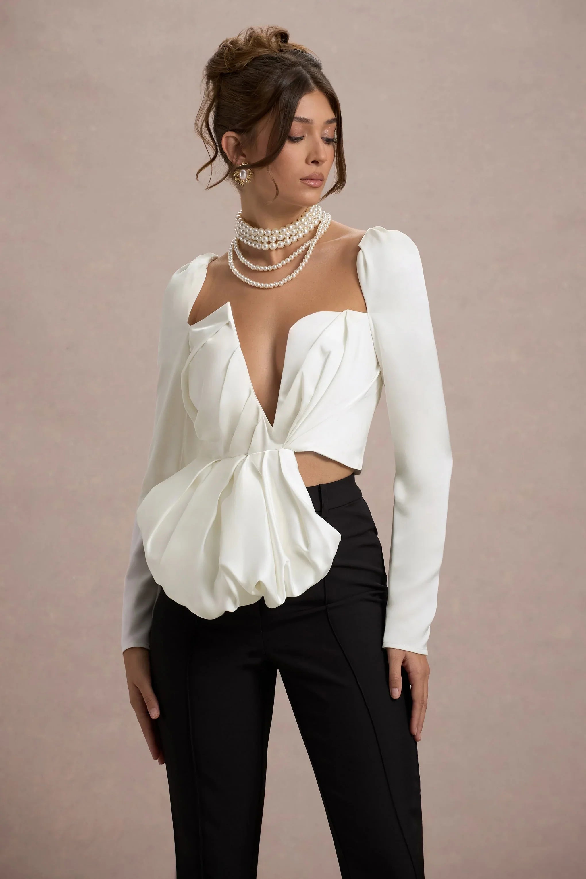 Bensley Ecru Satin Asymmetric Plunge Neck Top With Ruffle