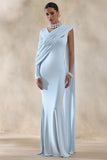 Rubelle Powder Blue Asymmetric Neck Maxi Dress With Draped Detailing