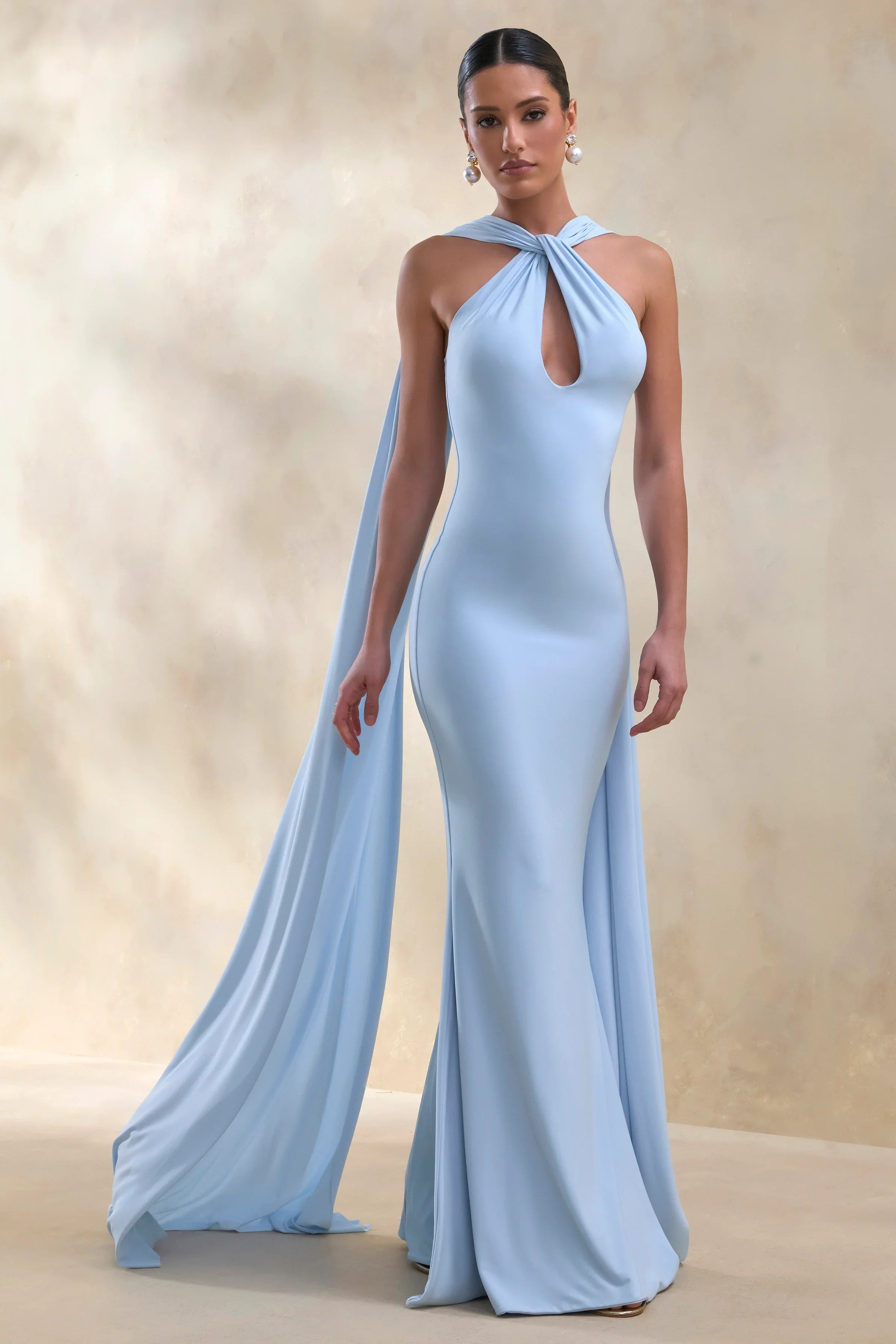 Rhoda Powder Blue Twist Halter Neck Cape Maxi Dress