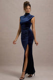 Abilene Navy Velvet High Neck Split Maxi Dress