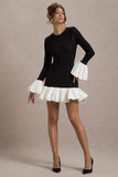Josefina Black Long Sleeve Mini Dress With White Satin Trims