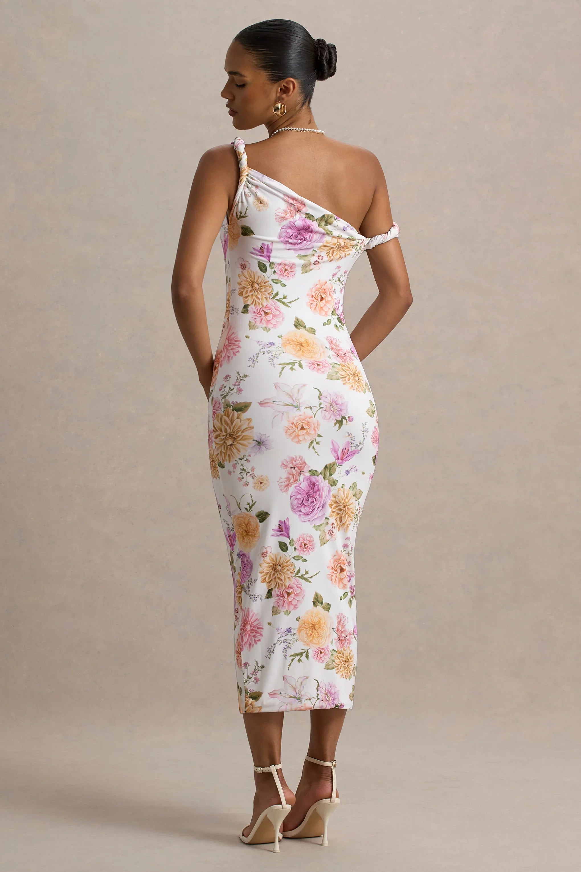 Nora Peach And Lilac Floral Twisted Asymmetric Midi Dress
