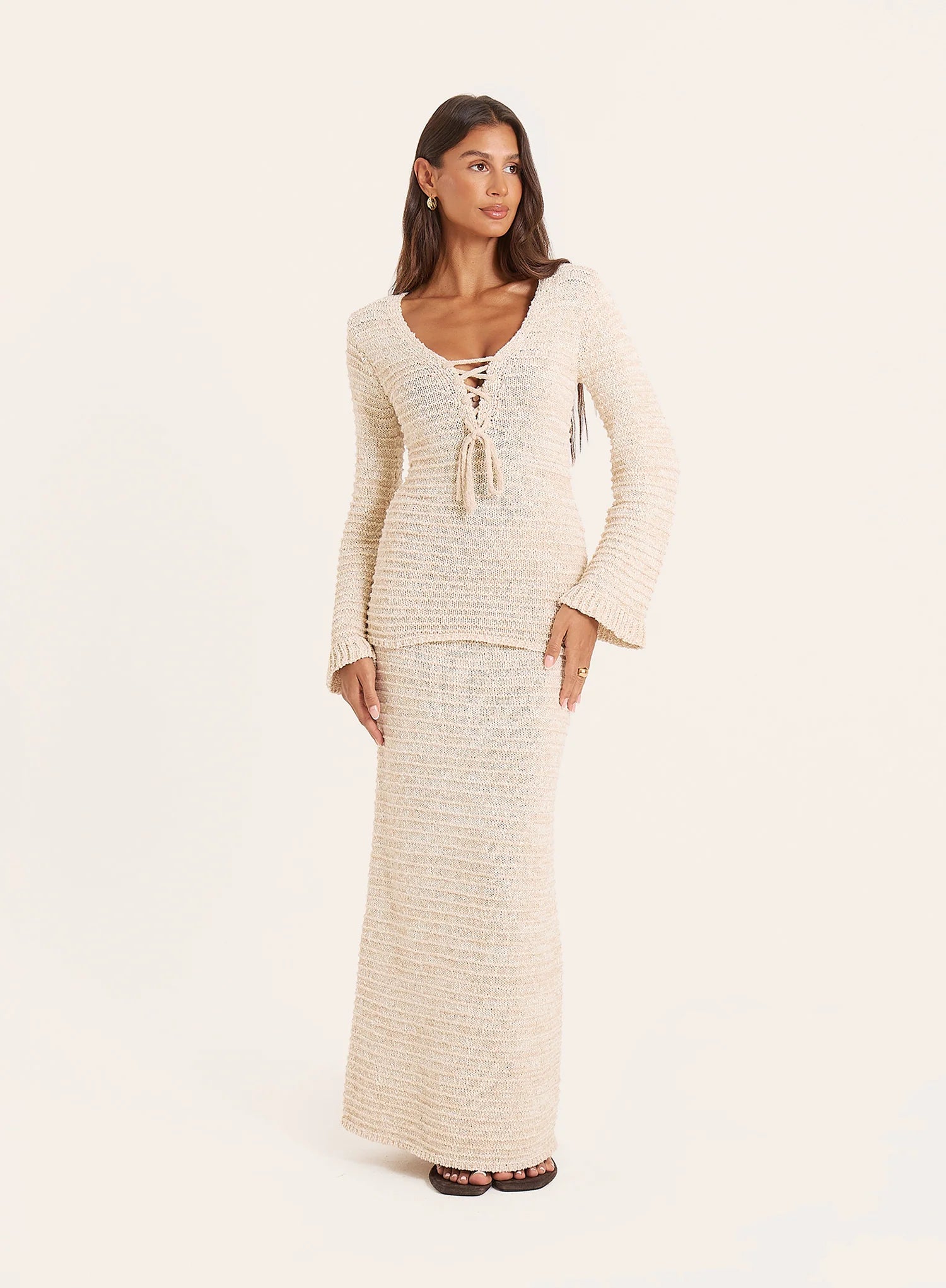 Beige Knitted Long Sleeve Tie Front Top
