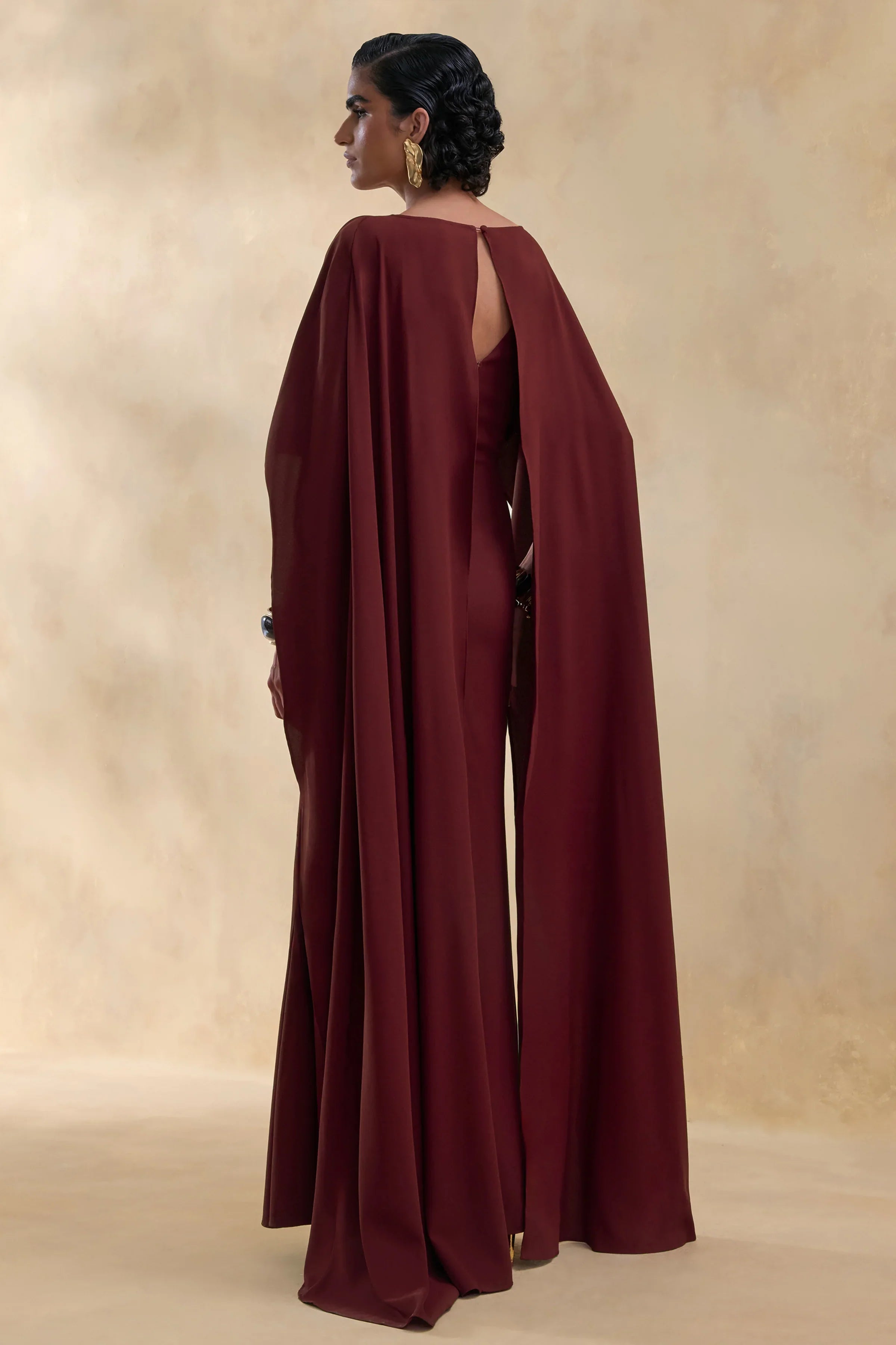 Pristina Burgundy Boat Neck Woven Maxi Dress With Cape Detail