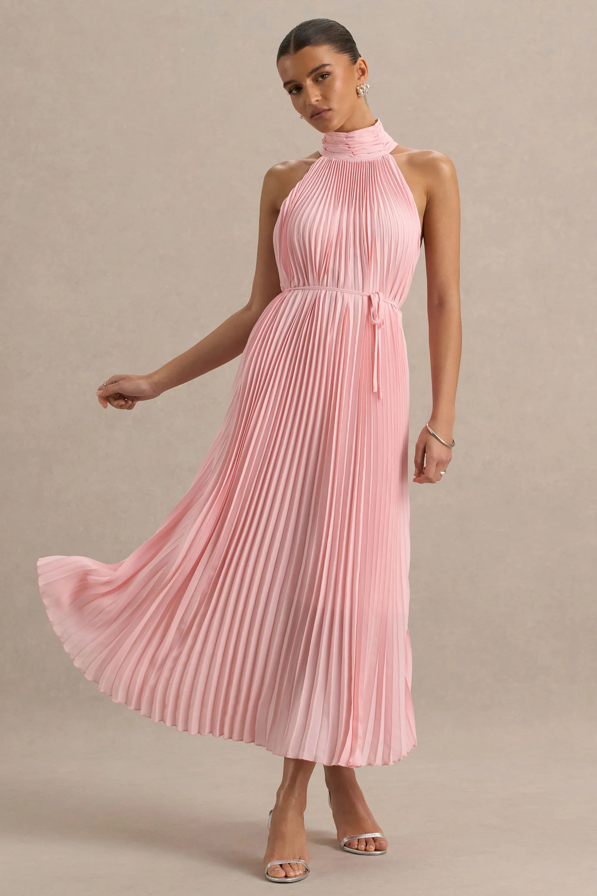 Tulip Blush Pink Pleated High Neck Midi Dress