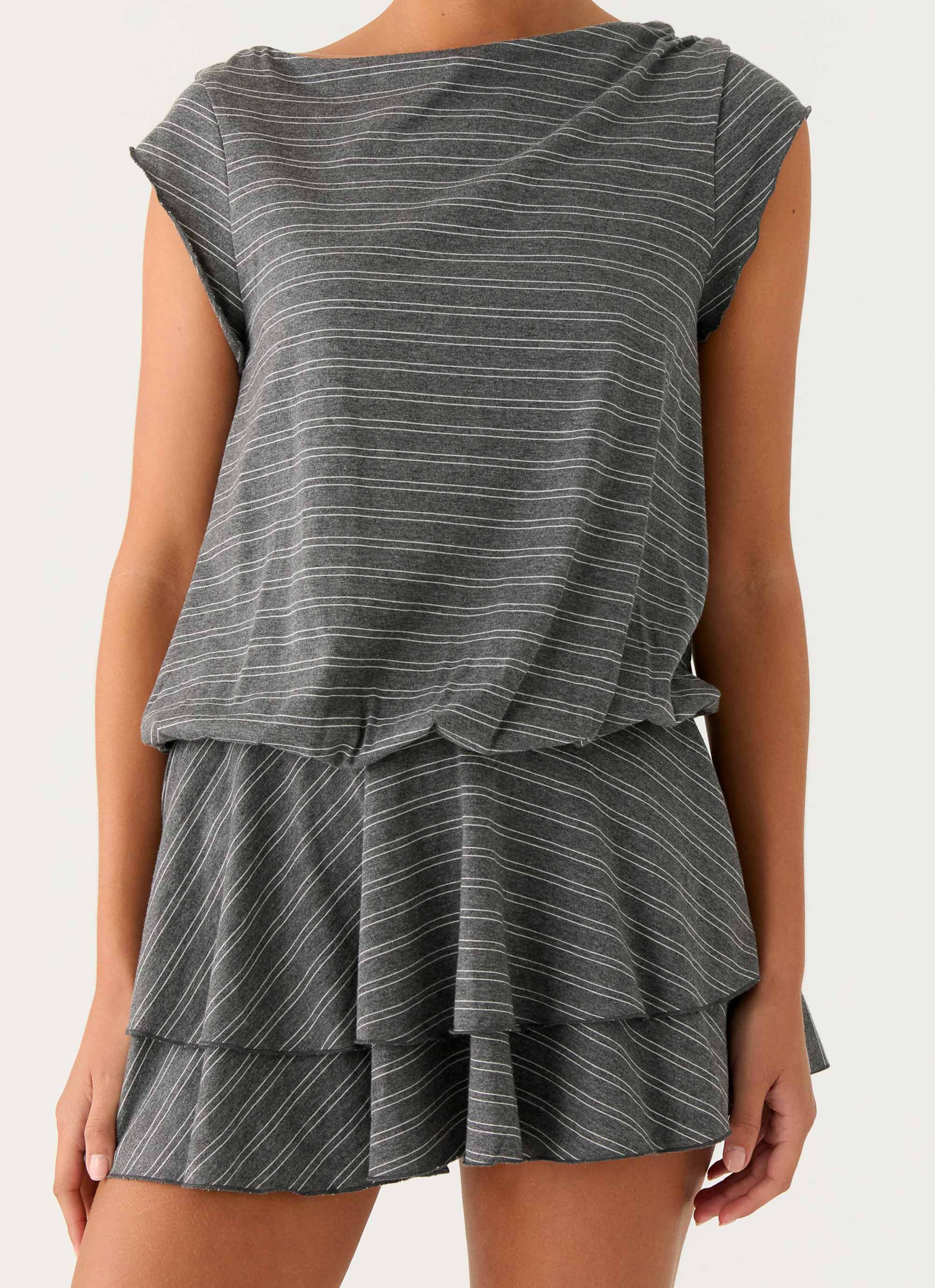 Bambola Wide Neck Mini Dress Grey Marle Stripe
