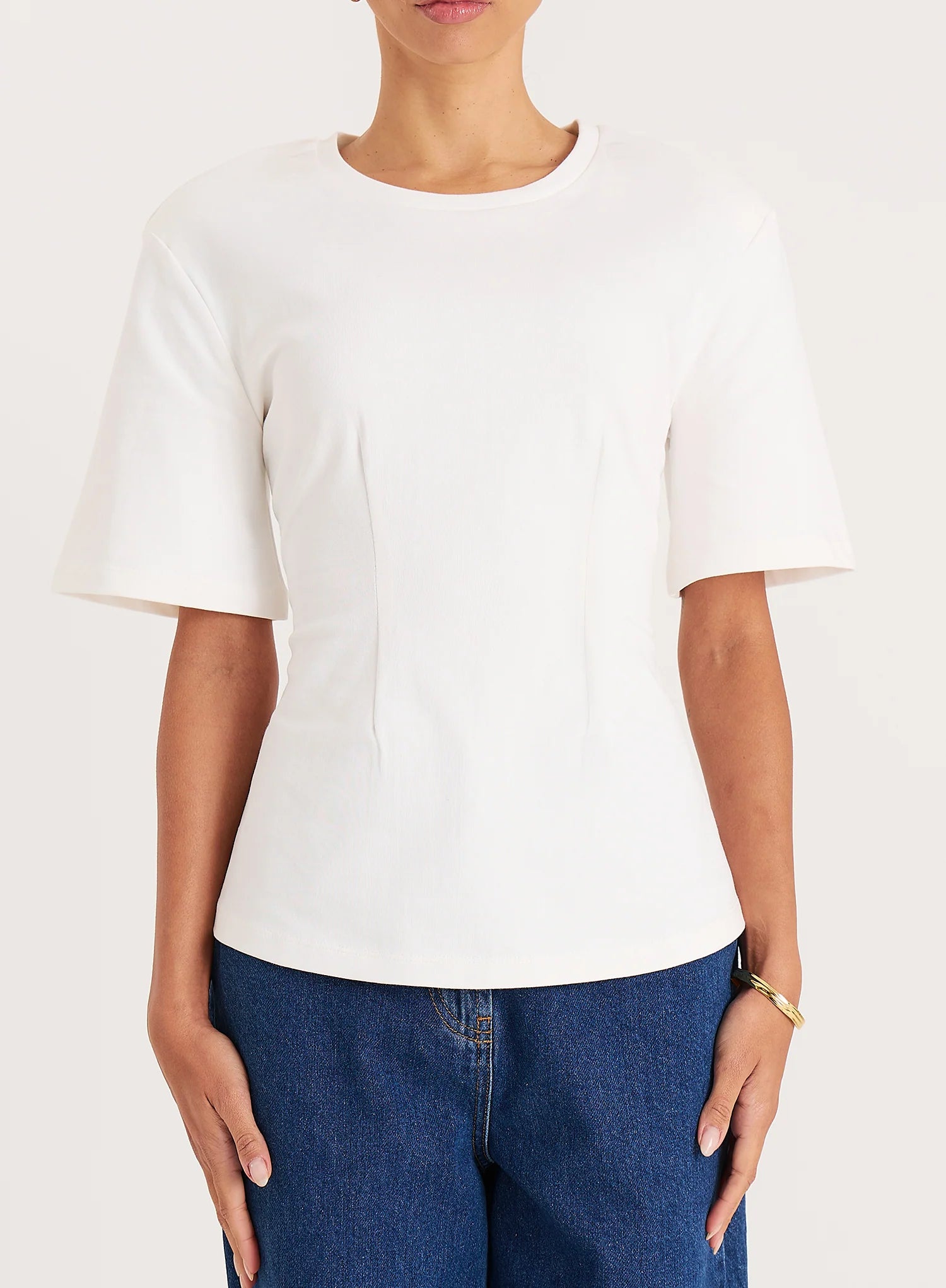 White Shoulder Pad Cinched Waist T Shirt