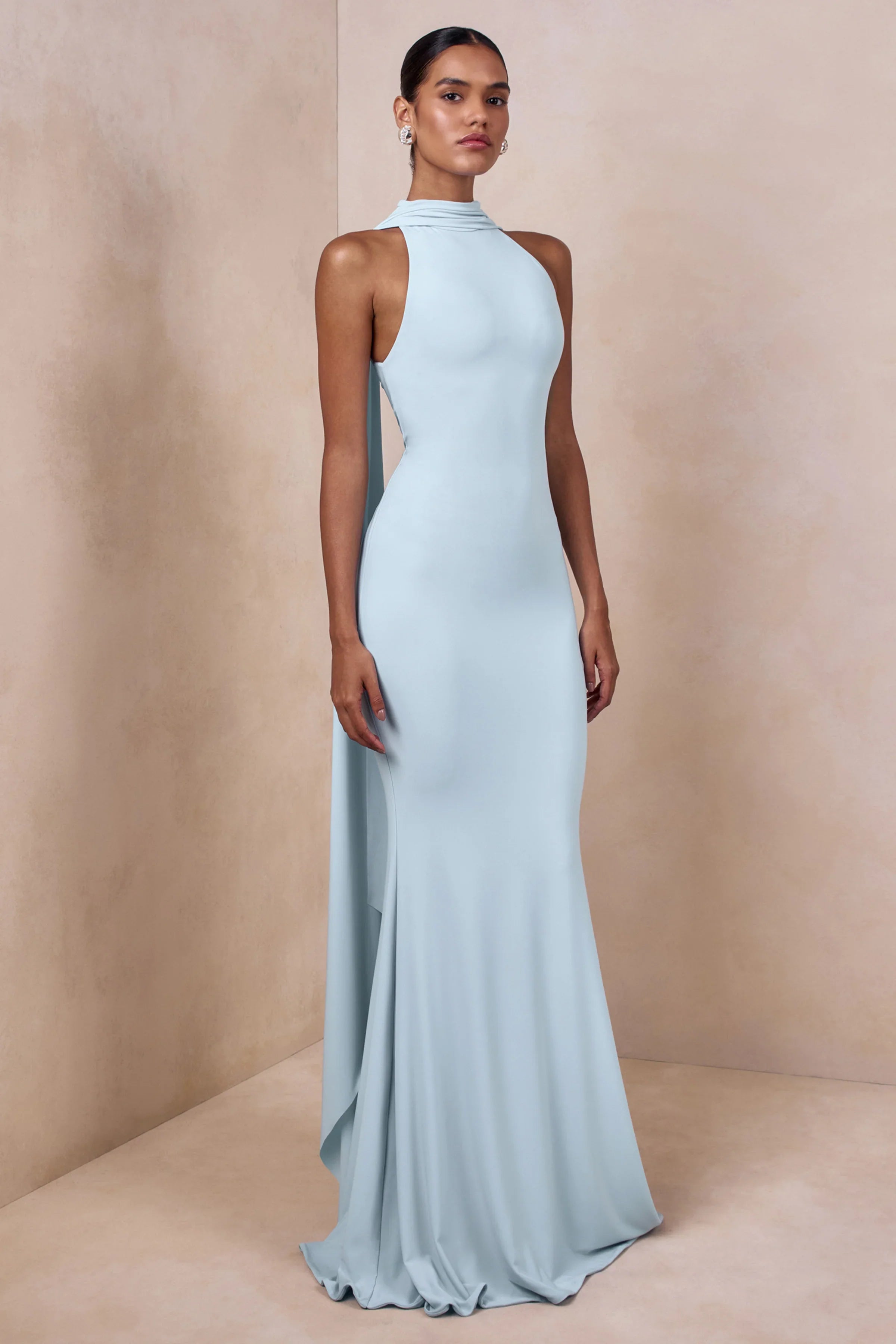 Cordy Powder Blue High Neck Maxi Dress With Cape