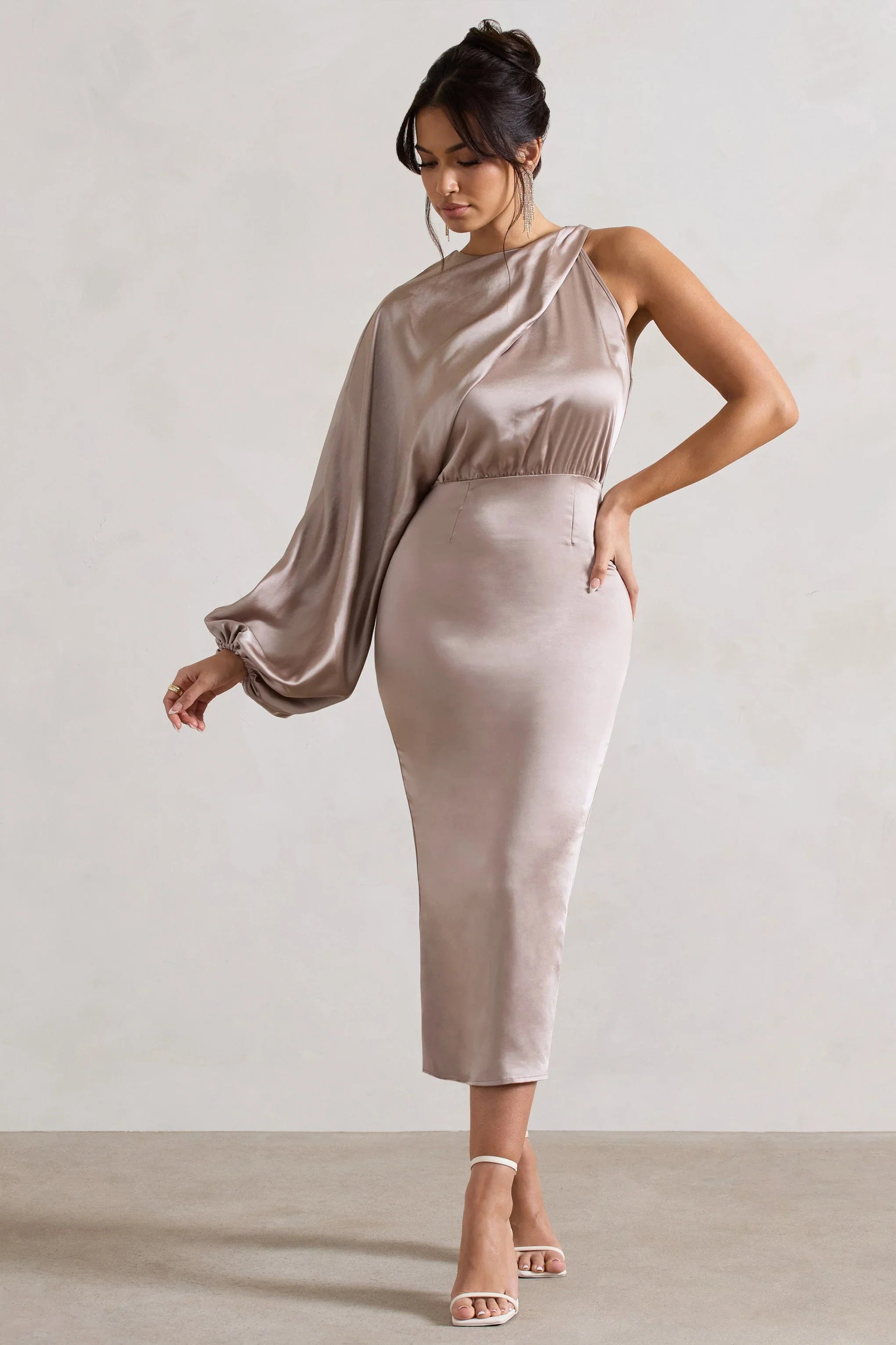 Nola Taupe Satin One Sleeve Midi Dress