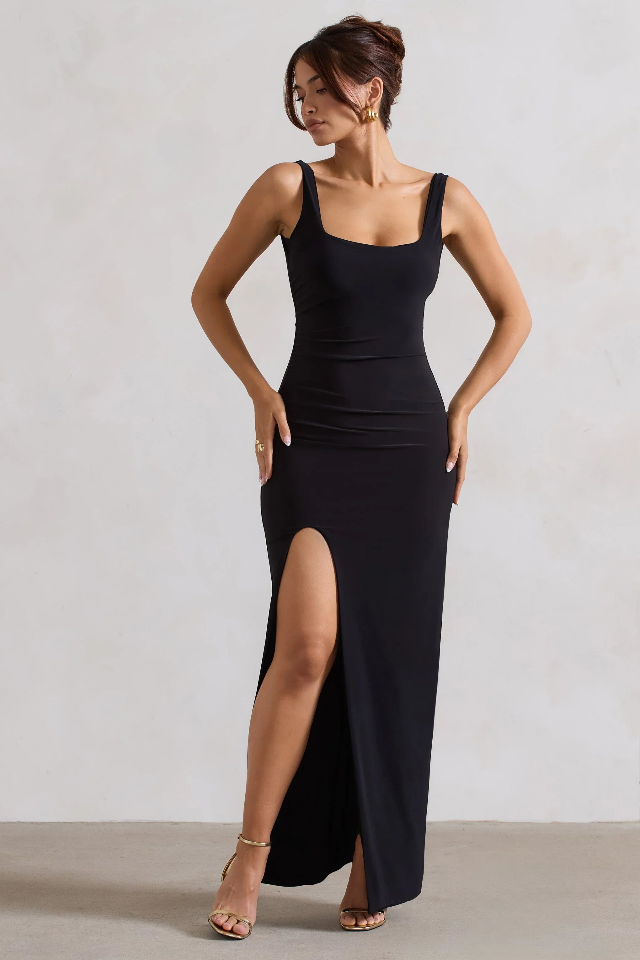 Kate Black Square Neck Maxi Dress with Plunge Back and Side Thigh Split