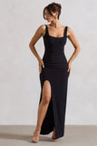 Kate Black Square Neck Maxi Dress with Plunge Back and Side Thigh Split