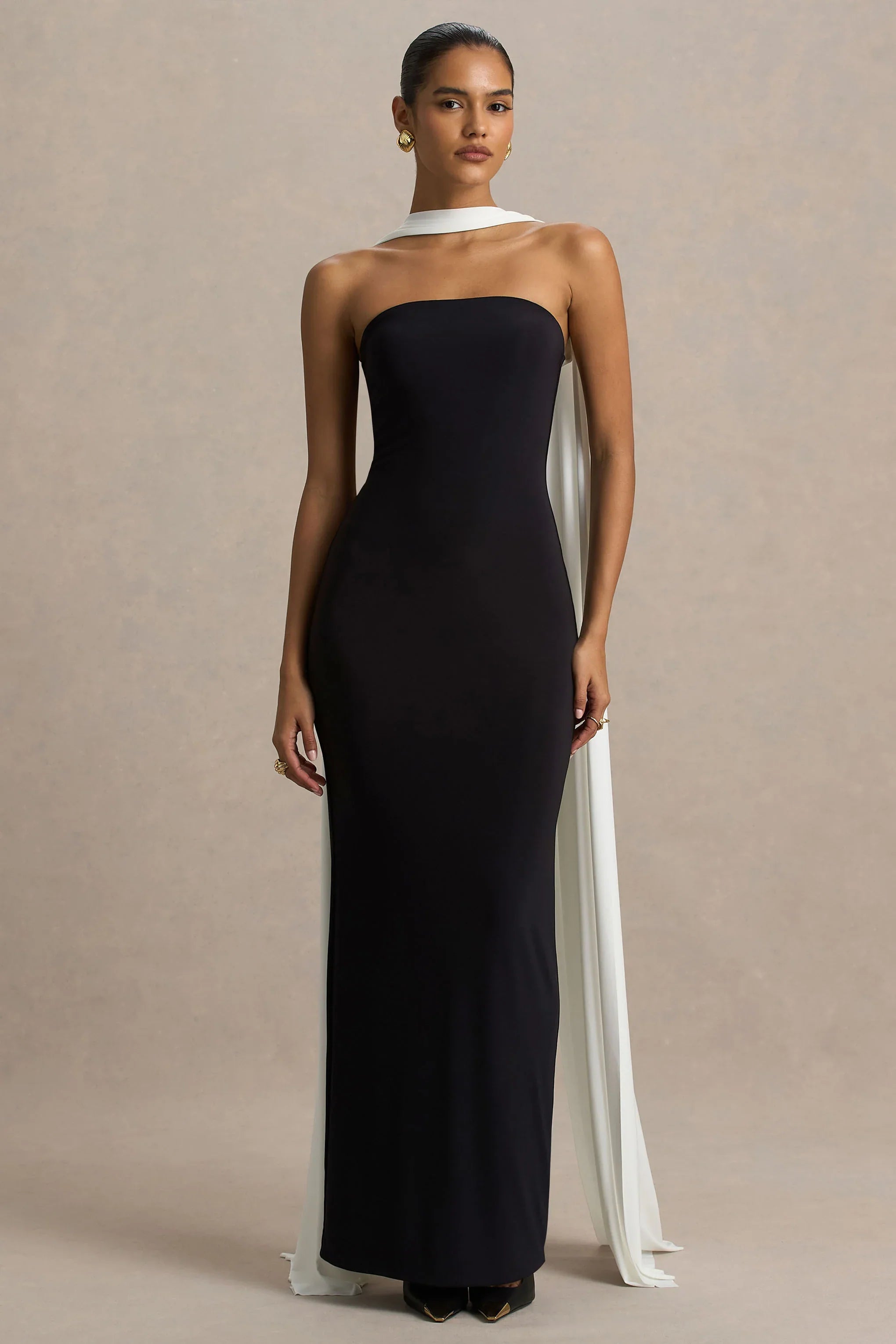Kelilah Black And White Bandeau Maxi Dress With Scarf Detail