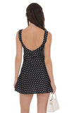 Satin Polka Dot V Neck Dress in Black