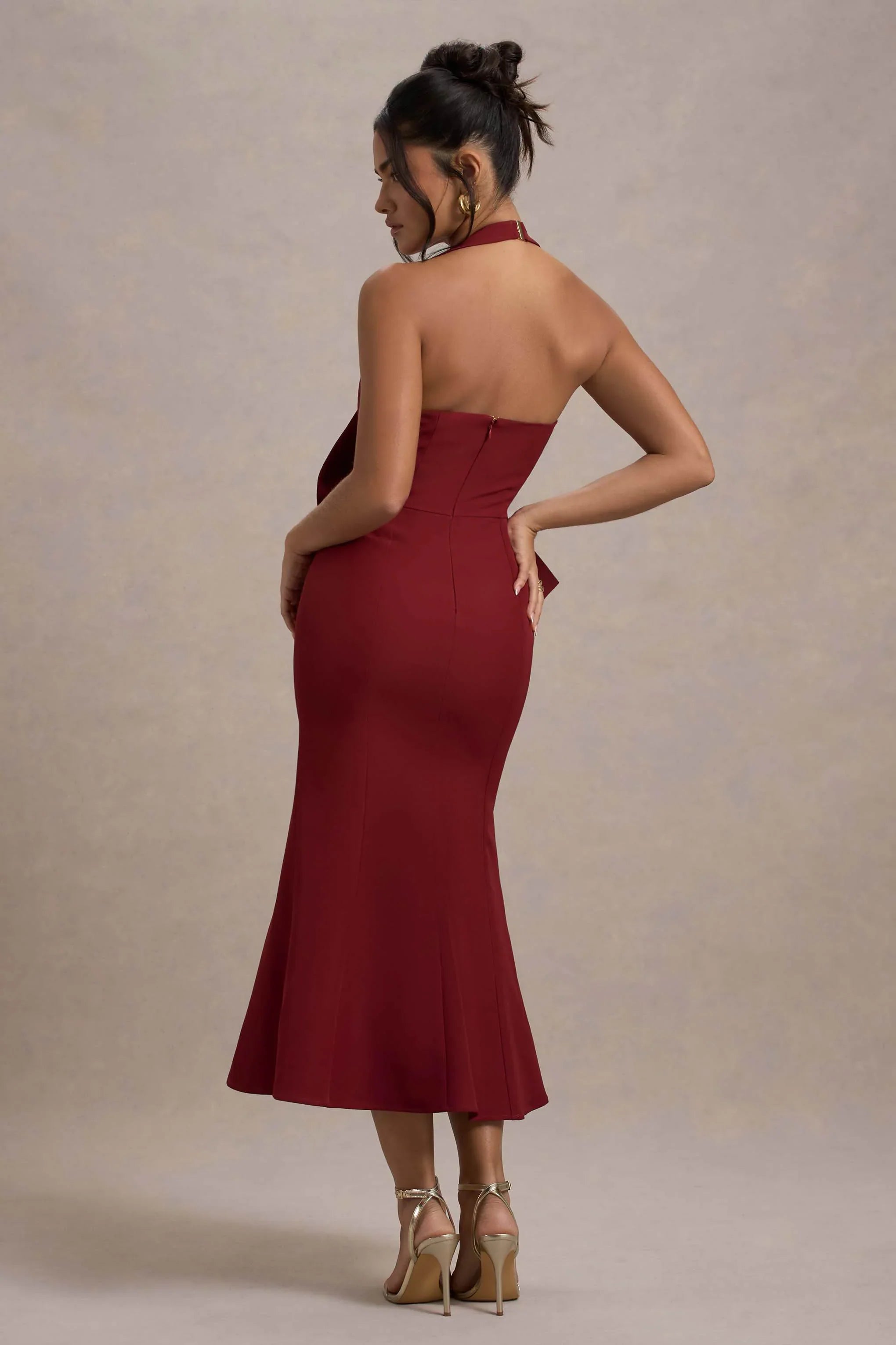 Aman Berry Halter Neck Midi Dress With Oversized Bow