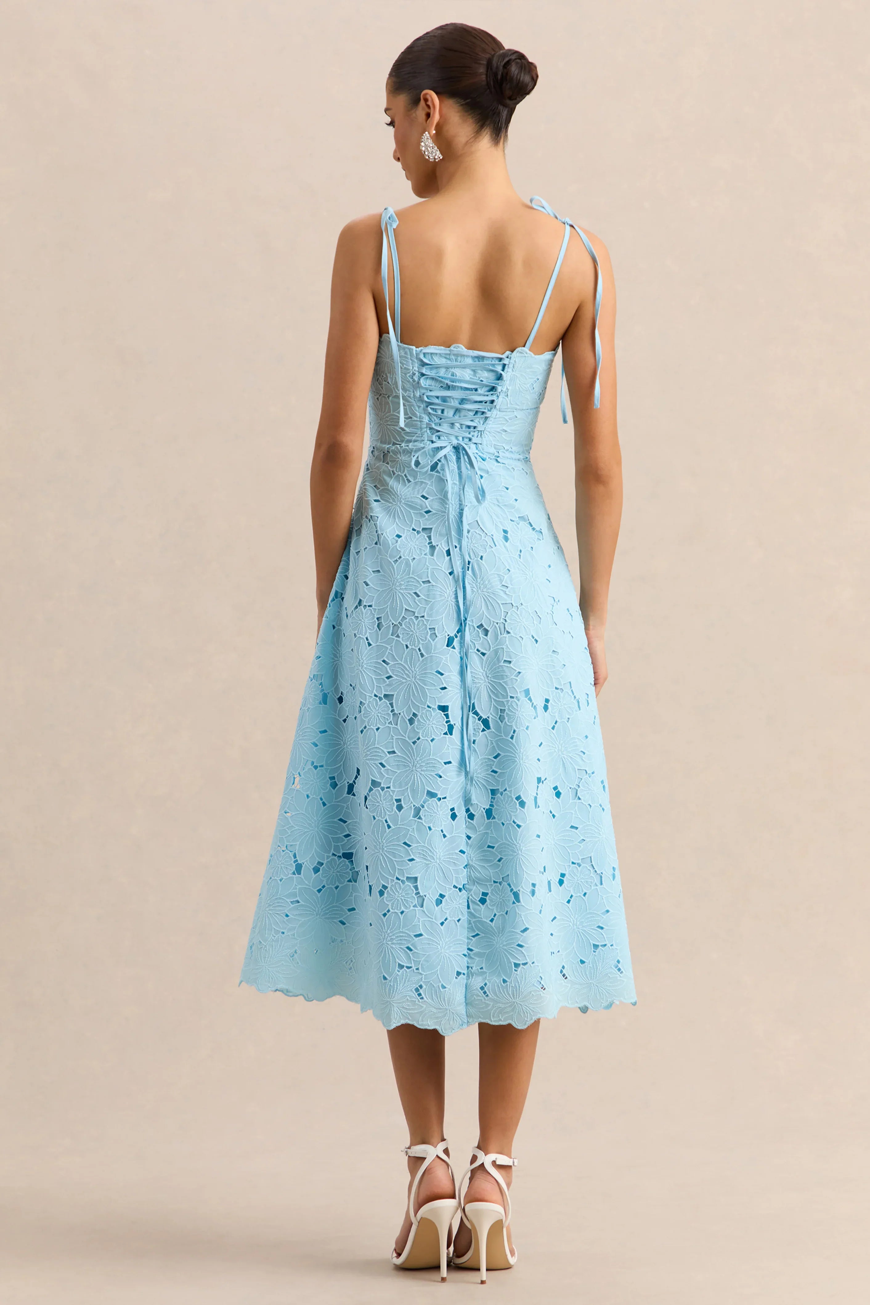 Anna Embroidered Powder Blue Square Neck Midi Dress