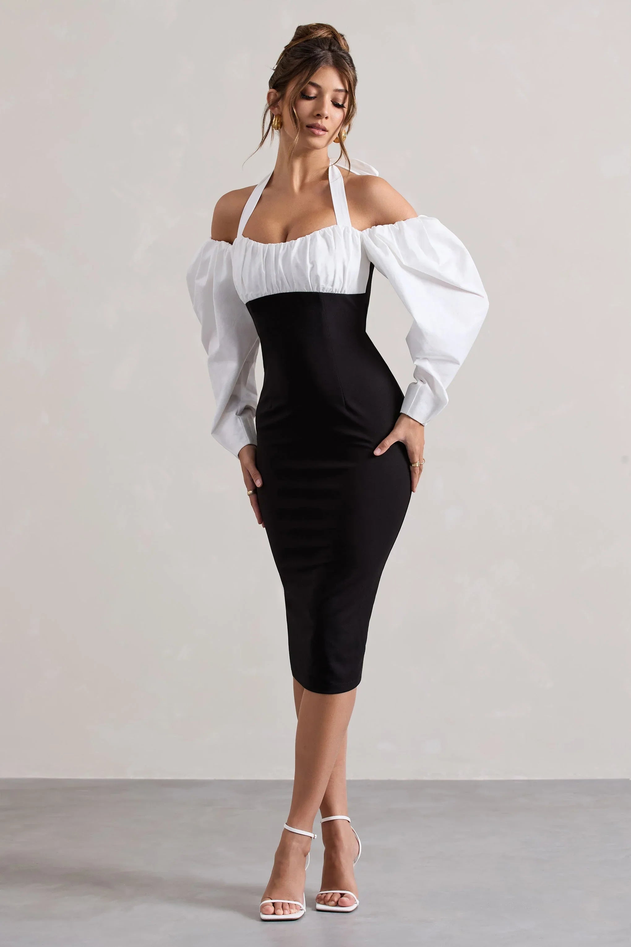 Couture Client Black Halter Neck Puff Sleeve Midi Dress