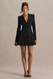 Blossoming Black Plunge Neck Tailored Mini Dress With Pleating