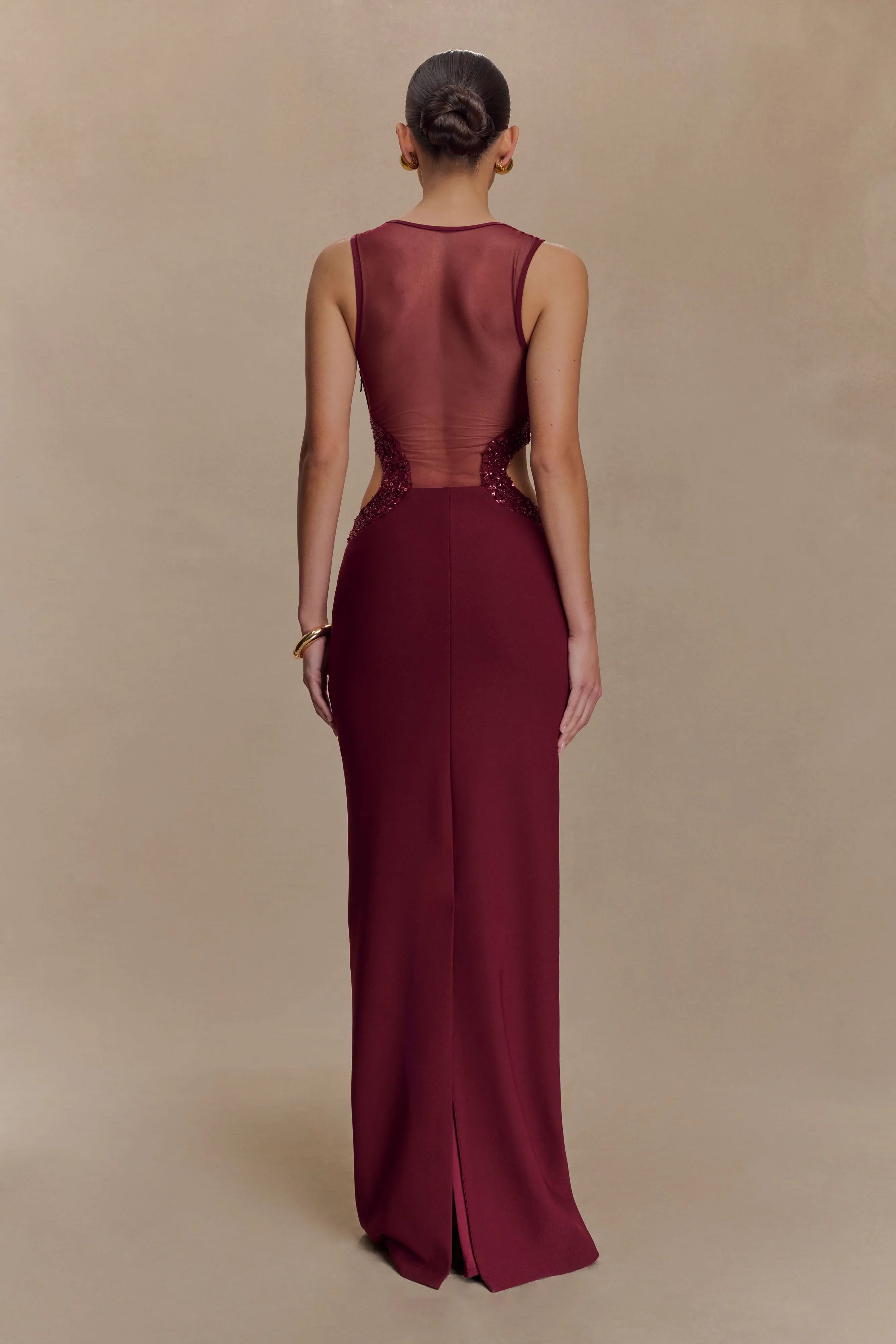 Angelique Beaded Crepe Maxi Dress Wine