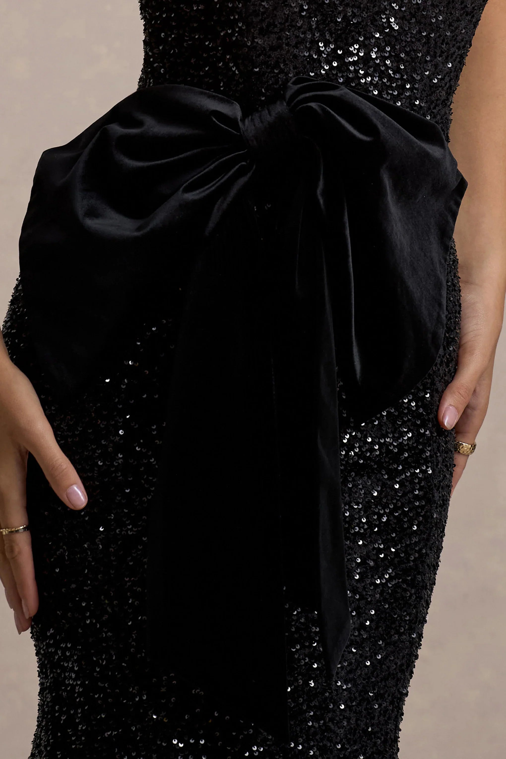 Adee Black Sequin Velvet Halter Neck Midi Dress With Bow