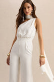 Gliselle White Asymmetric Neck Jumpsuit With Scarf Detail