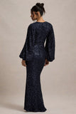 Kaelin Navy Sequin Plunge Neck Maxi Dress