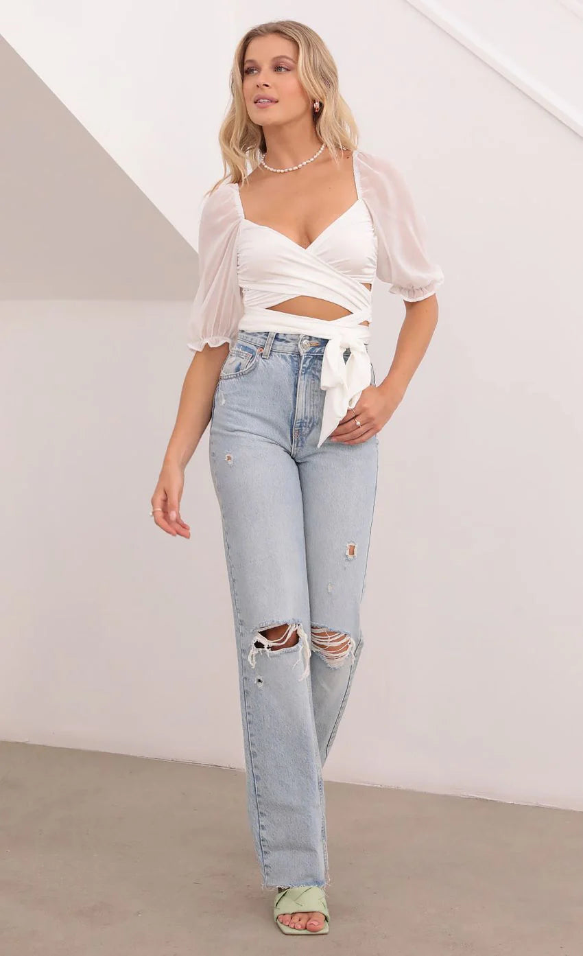Aliah Puff Chiffon Wrap Top in White