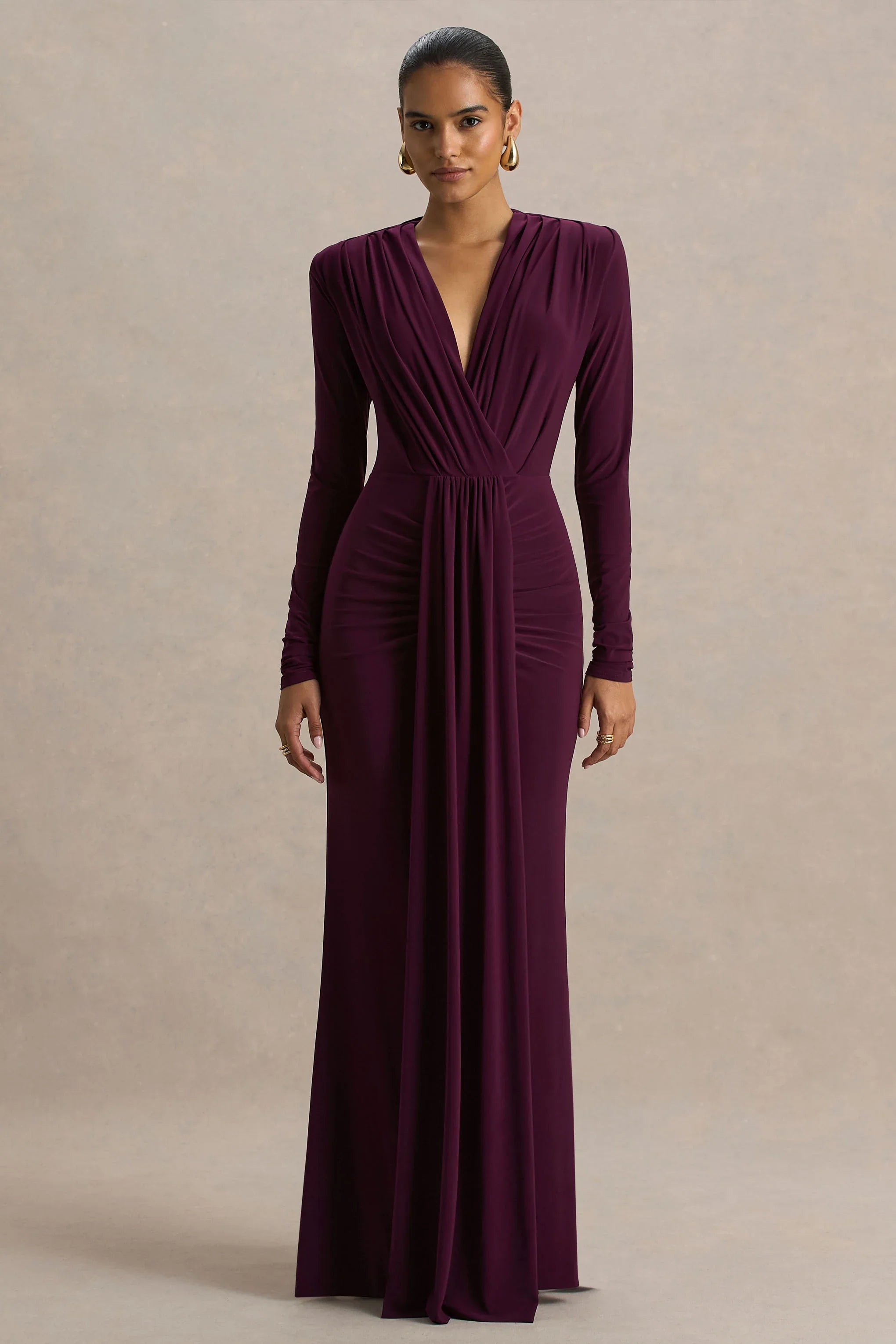 Flashy Burgundy Plunge Neck Maxi Dress With Ruched Detailing