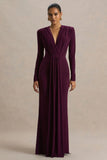 Flashy Burgundy Plunge Neck Maxi Dress With Ruched Detailing