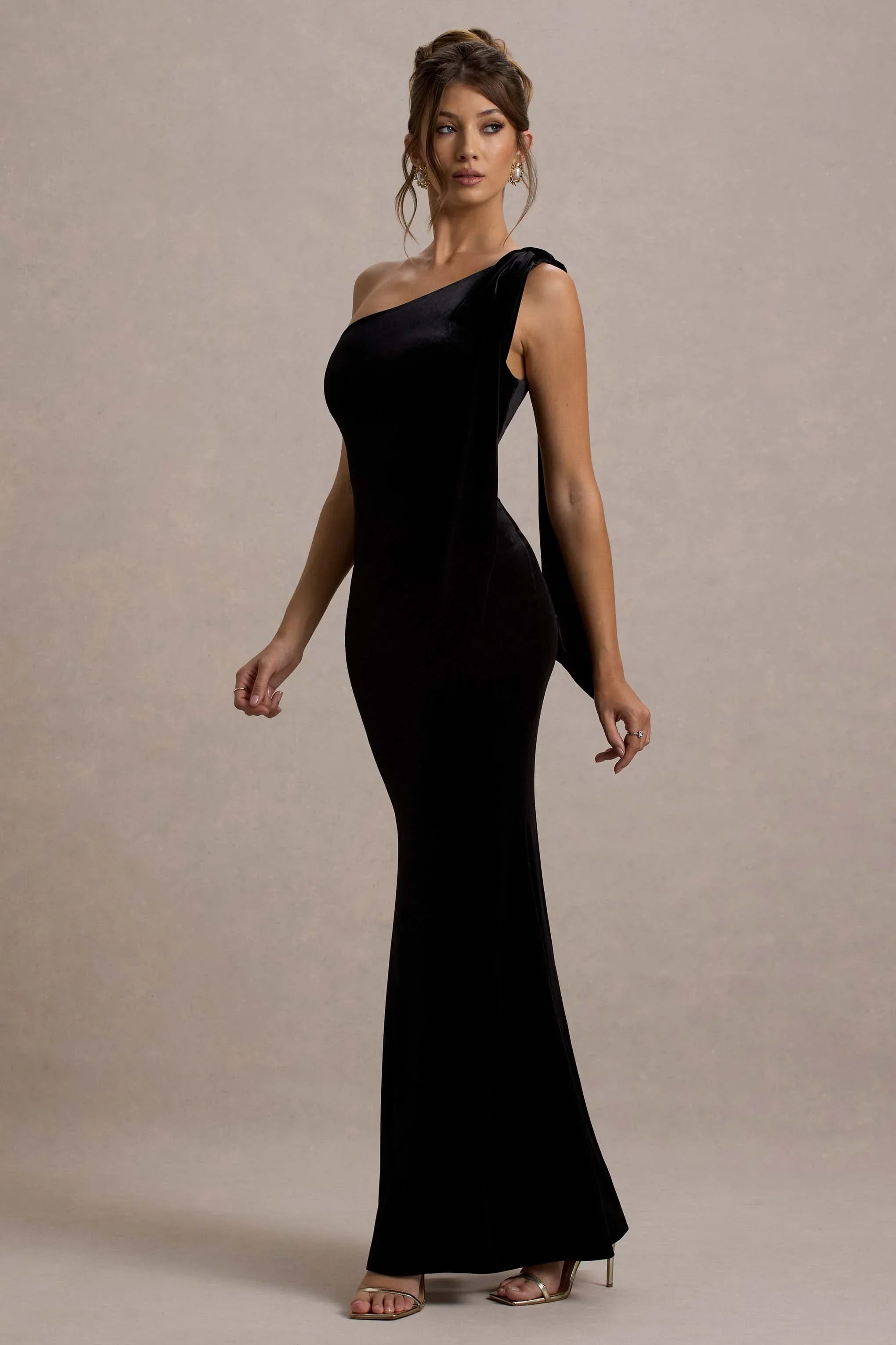 Jillian Black Velvet Asymmetric Maxi Dress With Bow Strap